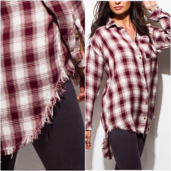 Frayed Hem Boho Plaid HiLow Tunic Shirt SML - Picture 6 of 8